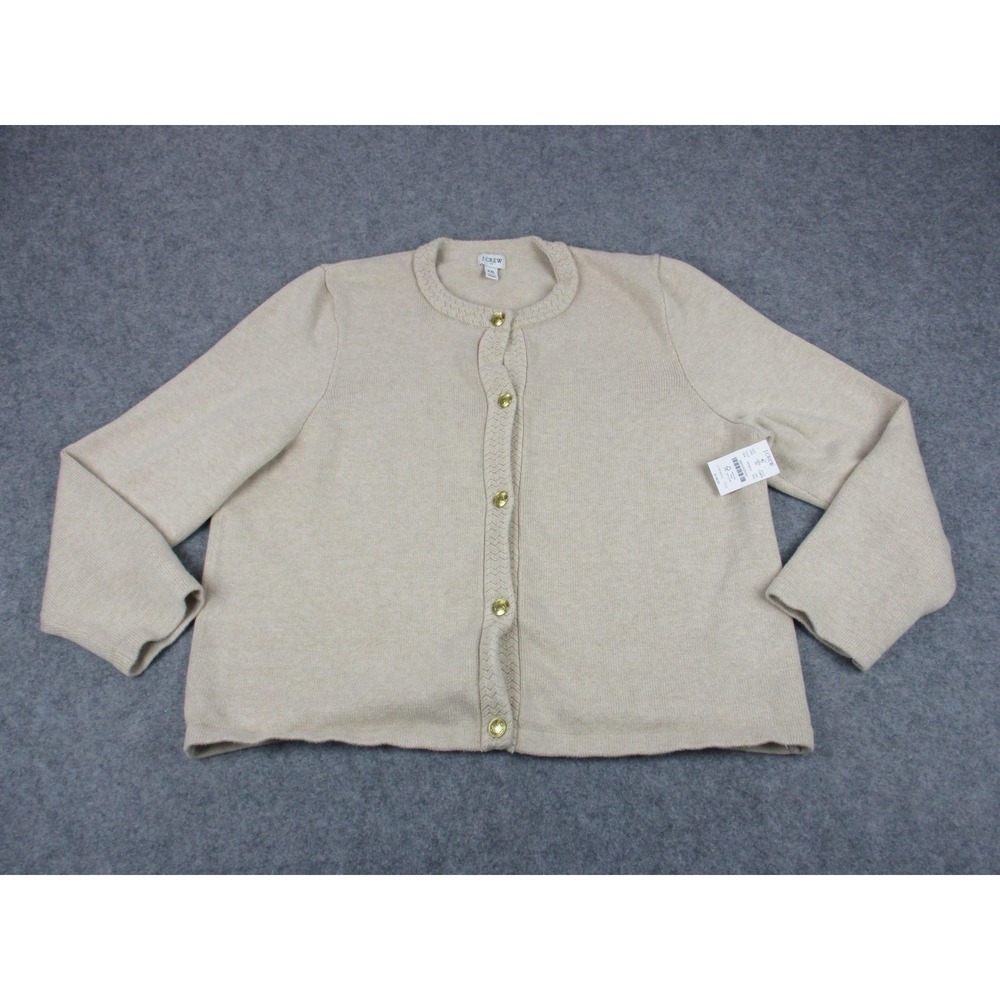 J Crew Cardigan Sweater Womens 2XL XXL Beige Button Front Cotton Long Sleeve